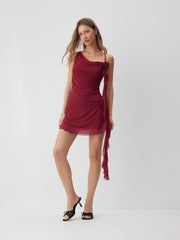 Mesh Asymmetrical Neck Ruched Floral Applique Mini Dress