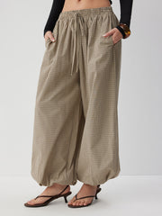 Cotton-blend Mid Rise Plaid Drawstring Jogger Trousers