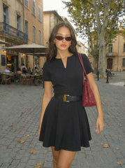 Boat Neck Pleated A-line Mini Dress