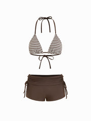 Halter Neckline Gingham Triangle Top & Low Rise Bikini Bottom With Shorts 3 Piece Bikini Set