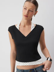 V-neck Top & Polka Dot Halter Tie-Back Cami