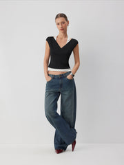 V-neck Top & Polka Dot Halter Tie-Back Cami