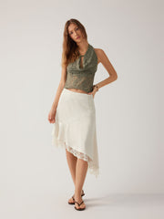 Satin Mid Rise Lace Trim Asymmetrical Hem A-line Midi Skirt