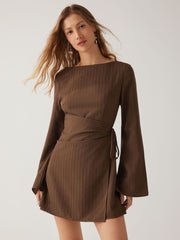 Boat Neck Bell Sleeve Wrap Mini Dress