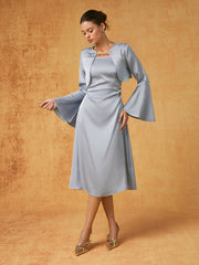 Satin Square Neck Bell Sleeve Top & Ruched Midi Cami Dress