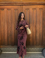 Mesh Floral Boat Neck Bell Sleeve Top & Mid Rise Mermaid Maxi Skirt Set