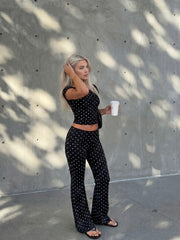 Cotton-blend Boat Neck Polka Dot Top & Mid Rise Flared Trousers Set