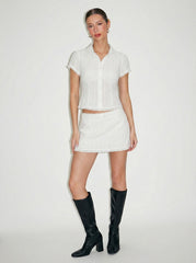Cotton Plaid Collar Short Sleeve Blouse & Mid Rise Lace Trim Bowknot Mini Skirt Set