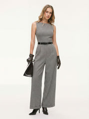 Houndstooth Boat Neck Zipper Wide Leg Jumpsuit With Belt