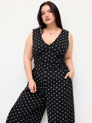 Cotton-blend V-neck Polka Dot Ruched Straight Leg Jumpsuit Curve & Plus