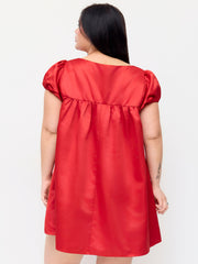 Satin Bowknot Ruffled Puff Sleeve Oversized Babydoll Mini Dress Curve & Plus