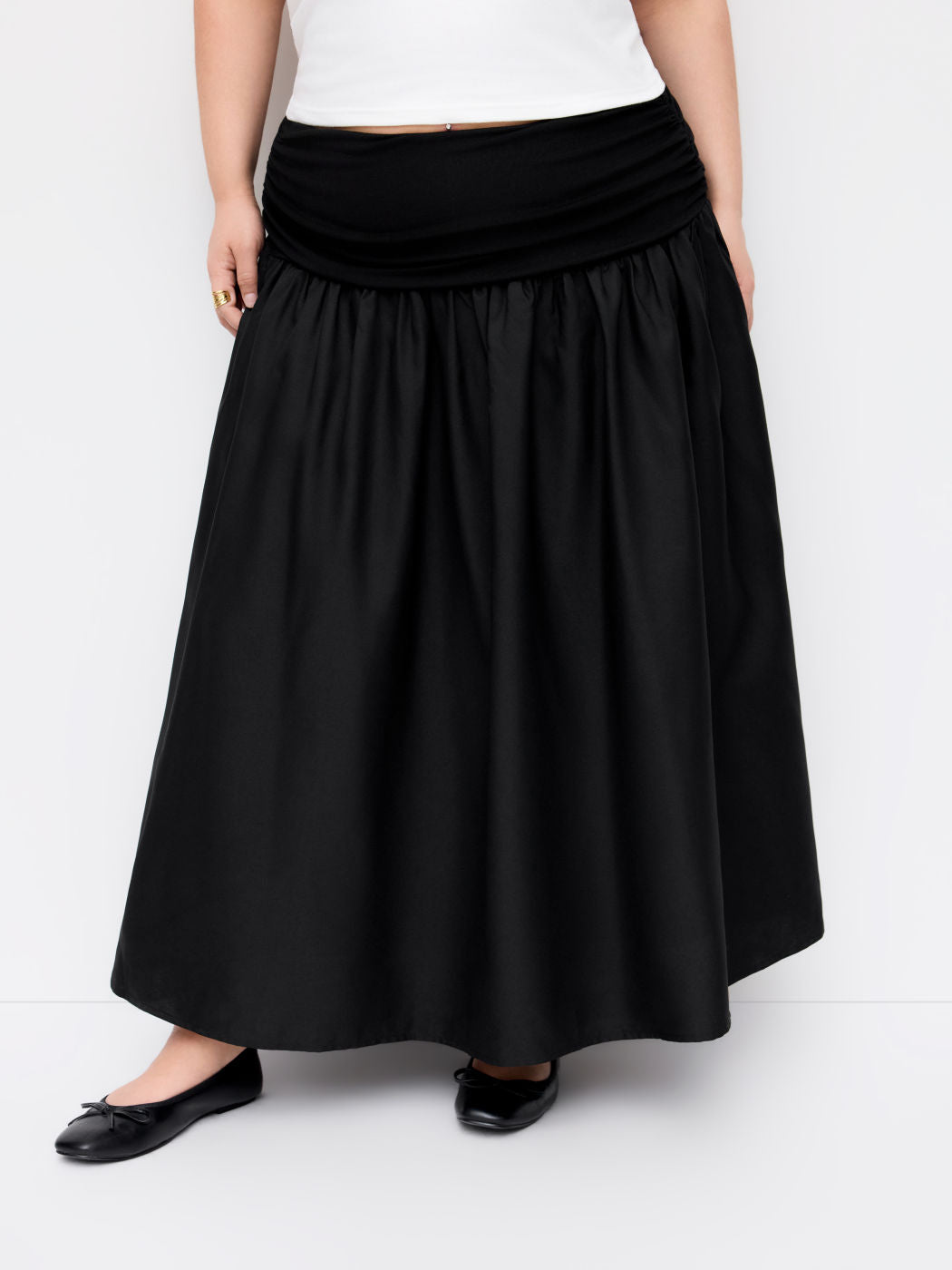 Mid Rise Ruched Drawstring Flared Maxi Skirt Curve & Plus