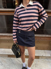 Cotton-blend Collar Striped Long Sleeve Oversized Tee