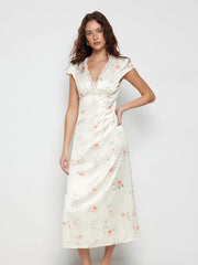 Satin Floral V-neck Puff Sleeve A-line Maxi Dress