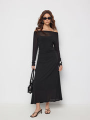Two-pieces Off-shoulder Ruched Sheer Overlay Top & Maxi Slip A-line Dress