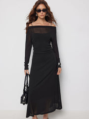 Two-pieces Off-shoulder Ruched Sheer Overlay Top & Maxi Slip A-line Dress