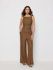 Boat Neck Twist Asymmetrical Hem Ruched Top & Mid Rise Geometric Straight Leg Trousers Set
