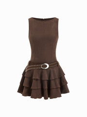Round Neckline Tiered Hem Mini Dress With Studded Belt