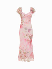 Mesh Sweetheart Floral Ruffle sleeve Mermaid Maxi Dress