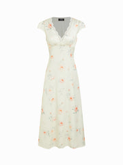 Satin Floral V-neck Puff Sleeve A-line Maxi Dress