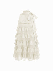 Stand Collar Ruffled Bowknot Tiered Mini Dress