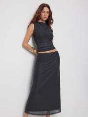 Mesh Polka Dot Ruched Top & Mid Rise Mermaid Maxi Skirt Set