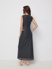 Mesh Polka Dot Ruched Top & Mid Rise Mermaid Maxi Skirt Set
