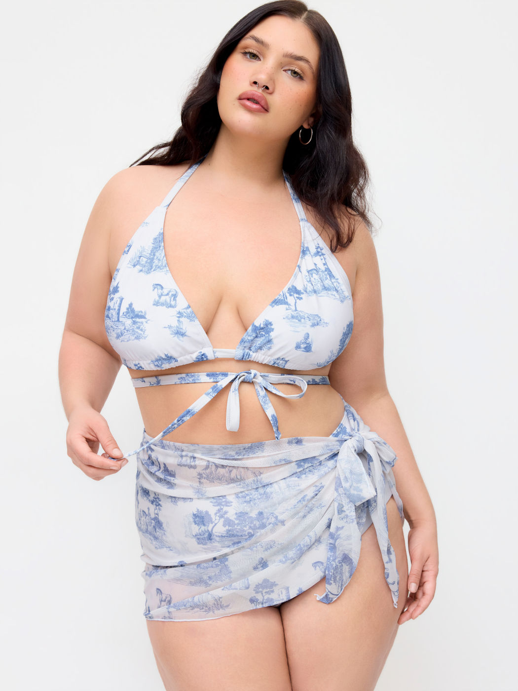 Shaping Halter Toile de Jouy Triangle Cheeky Bikini Set & Sarong Curve & Plus
