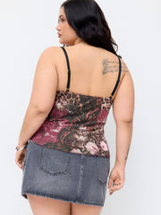 Mesh Leopard & Floral Graphic Lace Trim Cami Top Curve & Plus