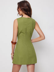 Cotton-blend Round Neckline Knotted Split Mini Dress