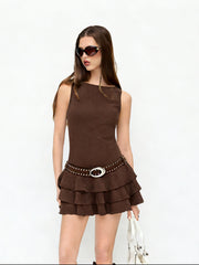 Round Neckline Tiered Hem Mini Dress With Studded Belt