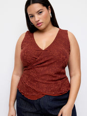 V-neck Floral Lettuce Trim Tank Top Curve & Plus
