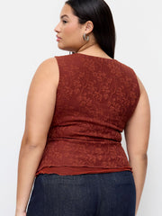 V-neck Floral Lettuce Trim Tank Top Curve & Plus