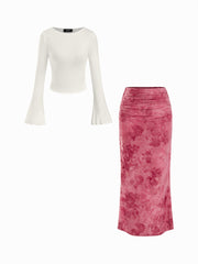 Boat Neck Long Sleeve Top & Mid Rise Floral Ruched Maxi Skirt Set