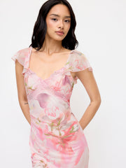 Mesh Sweetheart Floral Ruffle sleeve Mermaid Maxi Dress