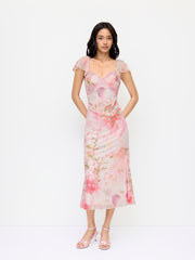 Mesh Sweetheart Floral Ruffle sleeve Mermaid Maxi Dress