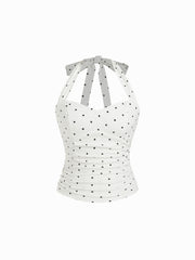 Cotton Polka Dot Halter Neck Ruched Tie Back Top