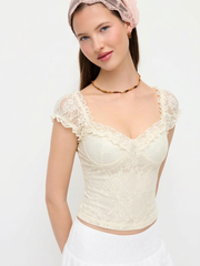 Textured Lace Sweetheart Puff Sleeve Ruched Top