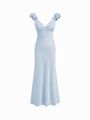 Satin Jacquard V-neck Ruffle Maxi Dress