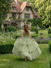 Woven Corset Layered Tulle Ruffle Maxi Dress