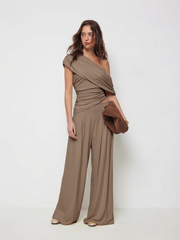 Asymmetrical Neck Ruched Top & Mid Rise Wide Leg Trousers Set