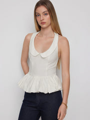 Cotton-blend Peter Pan Collar Peplum Hem Sleeveless Blouse