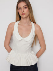 Cotton-blend Peter Pan Collar Peplum Hem Sleeveless Blouse