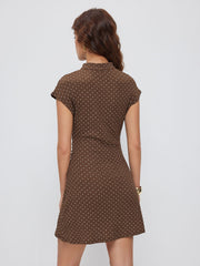 Mandarin Collar Polka Dot Ruched Textured Mini Dress