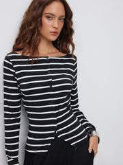 Boat Neck Striped Split Top & Mid Rise	Wide Leg Trousers Set