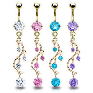 Surgical Steel Gold Plated Vine Cz Dangling Belly Ring