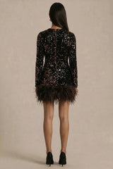 Stardust | Brown Sequined Velvet Crew-Neck Mini Dress With Feather Trim