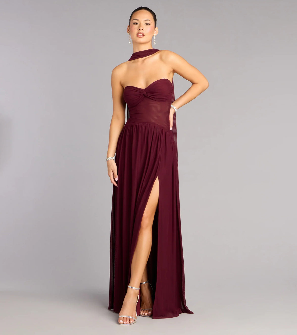 Rhea Mesh Strapless A-Line Dress With Scarf