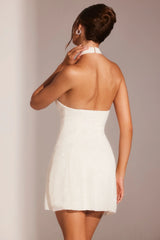 Embellished Asymmetric Neck A-Line Mini Dress In White