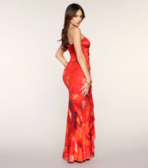Shelly Abstract Print Mesh Ruffle Mermaid Dress